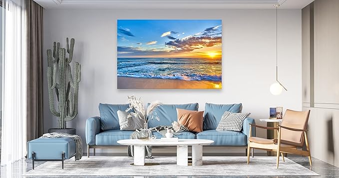 Aibonnly Wall Art Canvas Painting Seaside Sunset over the beaches 1 Piece blue sea view Ocean Picture Poster Print Framed and Stretched Ready to Hang for Living Room Bedroom Kitchen Office
