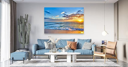 Aibonnly Wall Art Canvas Painting Seaside Sunset over the beaches 1 Piece blue sea view Ocean Picture Poster Print Framed and Stretched Ready to Hang for Living Room Bedroom Kitchen Office