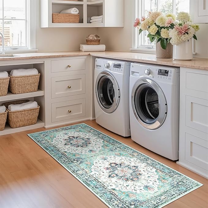 Area Rugs 2'x5' Runner Rug Non Slip Washable for Kitchen Hallway Bedroom Beside Laundry Room Bathroom Rug, Floor Carpet, Green Navy Blue White Red Teal Colorful