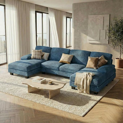 Homall Modular Sectional U Shaped Sofa Couches for Living Room, Comfy Chenille 4 Seat Sofa Set with Removable Pillows, Lounge Chaise Upholstered Couch for Apartment (Chenille, Light Blue)