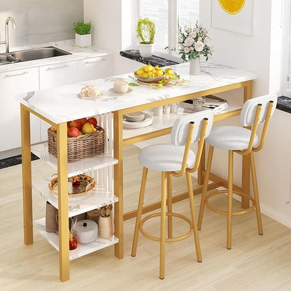 AWQM 3-Piece Bar Table and Chairs Set, Modern White Faux Marble Table with 2 PU Cushion Bar Stools, Kitchen Counter with 3 Tier Storage Shelves, Space Saving Table for Home & Kitchen, White & Gold