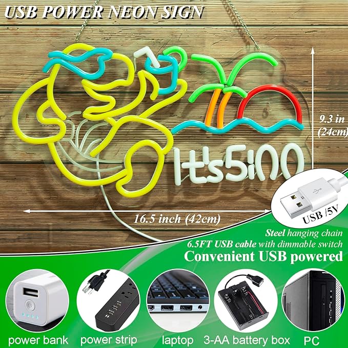 Turtle Have A Drink Neon Signs for Wall Decor, Its 5 00 O'clock Led Neon Light,Dimmable,USB Powered, Five Oclock for Bar Beer Pub Man Cave Garage