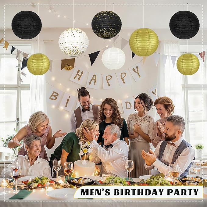 12Pcs Black and Gold Party Decorations, Various Sizes (6" 8" 10") Hanging Paper Lanterns for Men 50th 60th Birthday Graduation Retirement New Years Decorations New Years Eve Party Supplies 2026