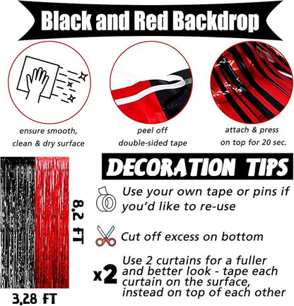 4 Pack 3.2Ft x 8.2Ft Black Red Fringe Curtain Backdrop, Metallic Tinsel Foil Fringe Streamers Curtains Background for Photo Booth Wedding Casino Viva Las Vegas Game Night Birthday Party Decorations