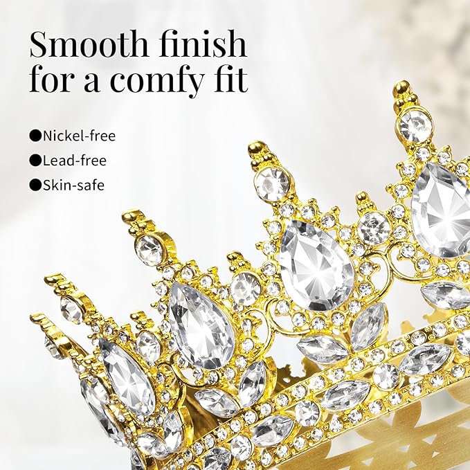 Onedor Gold Queen Crown and Birthday Sash for Women, Crystal Tiara Headband with Rhinestones for Birthday Party, Wedding, Prom Accessories, Cake Topper