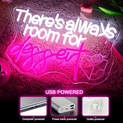 NOSUN There's Always Room for Dessert Neon Sign LED Bar White Text Treat Yourself for Snack Candy Dessert Flower Bar Bedroom Wall Decor Wedding Birthday Party Home Room Gift