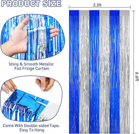 Silver and Blue Tinsel Backdrop Foil Fringe Curtains - 2 Packs Door Streamers Backdrop for Birthday Door Decorations, Party Supplies for Bachelorette, Graduation, Christmas, Disco Decor