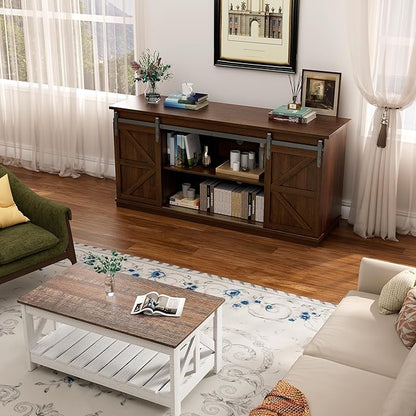 YESHOMY TV Stand for Televisions up to 65 Inches, with Sliding Barn Doors and Storage Cabinets, Console Table and Media Furniture for Living Room, 58 Inch, Espresso