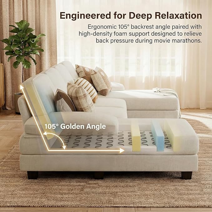 Homall Modular Sectional U Shaped Sofa Couches for Living Room, Comfy Chenille 4 Seat Sofa Set with Removable Pillows, Lounge Chaise Upholstered Couch for for Apartment (Chenille, White)