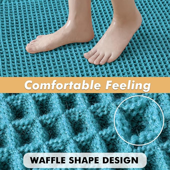 MIULEE Set of 2 Waffle Bathroom Rugs, Boho Bath Rugs Non Slip Washable, Super Absorbent Bath Mats, Ultra Soft Rubber Backed Shower Mats for Bathroom Floor, Tub and Shower, Teal, 18x30 Inch