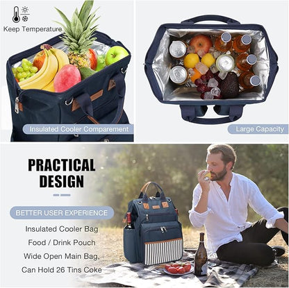 HappyPicnic Picnic Backpack Bag for 4, Wide Open with Large Capacity Insulated Cooler Compartment,9" Plates,Wooden Handle Cutlery and Waterproof Blanket Best Gift - Navy Blue