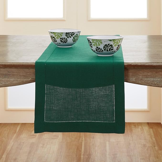 Solino Home Linen Rainforest Green Hemstitch Table Runner 60 Inches - 100% Pure Linen Small Table Runner 14 x 60 Inch Ideal for Dresser and Coffee Tables - Classic Hemstitch - Christmas, New Year