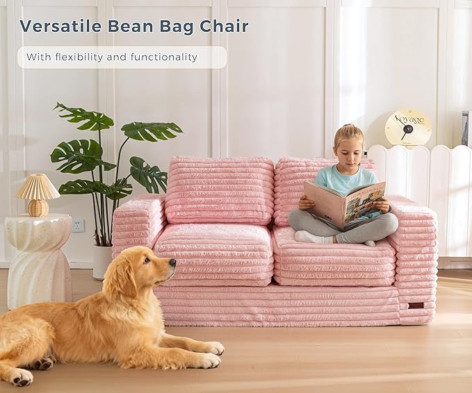 MAXYOYO Bean Bag Chair, Two-seat Bean Bag Sofa with Pillows and Armrests for Adults, Upholstered Loveseat Floor Sofa Couch Fluffy Chair Bean Bag Couch for Bedroom Living Room, Pink