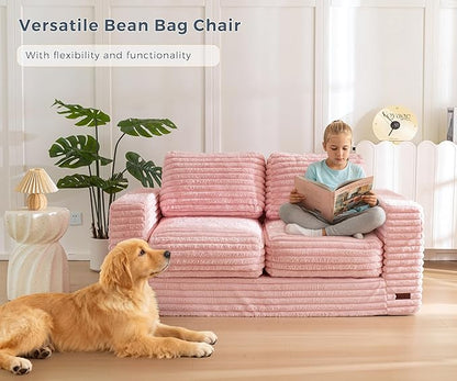 MAXYOYO Bean Bag Chair, Two-seat Bean Bag Sofa with Pillows and Armrests for Adults, Upholstered Loveseat Floor Sofa Couch Fluffy Chair Bean Bag Couch for Bedroom Living Room, Pink