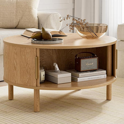 Coffee Table for Living Room, Modern Round Coffee Table with Cabinets & Sliding Doors, Home Small Space, 29.9" Fluted Center Table, Natual