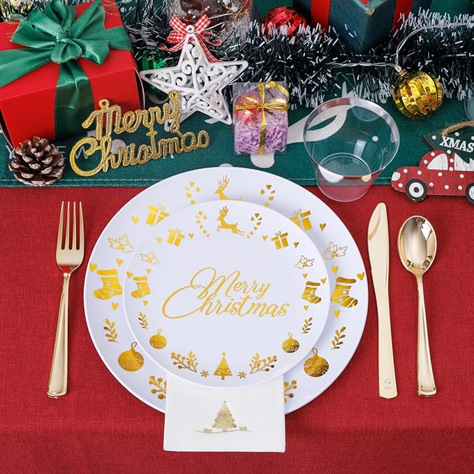 Ciaell 175 Pieces Christmas Plastic Plates - Christmas Gold Plastic Plates include 25Dinner Plate, 25Dessert Plate, 25Knives, 25Forks, 25Spoons, 25cups, 25 Napkins for Xmas Party