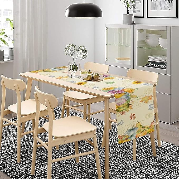 Fall Table Runner Watercolor Pumpkins Sunflowers Maple Leaves Baroque Floral Birds Country Thanksgiving Home Decor for Farmhouse Indoor Outdoor Party Holiday Dining Kitchen Restaurant Cafe W13xL108in