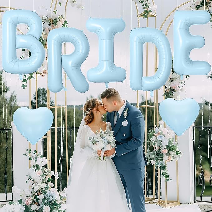 40inch Baby Blue BRIDE Letter Balloons, Giant Pastel Blue Bride Foil Helium Balloon Banner with Heart Balloon for Bride to Be Wedding Engagement Bridal Shower Blue Bachelorette Party Decoration