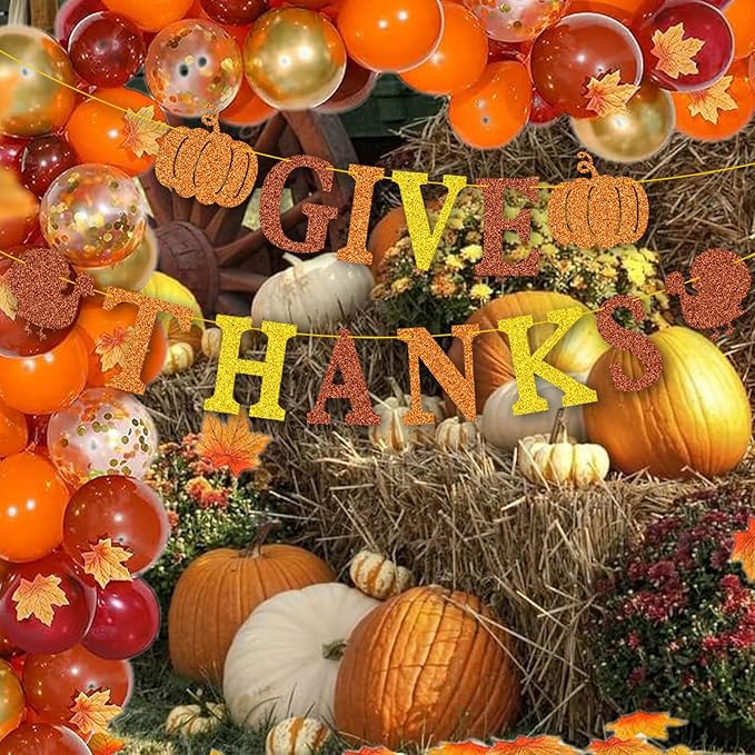 Give Thanks Banner for Thanksgiving Party Fall Thanksgiving Decorations, Outdoor Home Office Classroom Hanging, Decor Gold Orange Yellow Glitter
