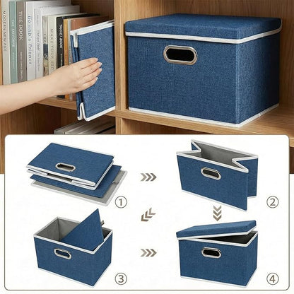 PRANDOM Storage Bins with Lids [3-Pack] Linen Fabric Foldable Storage Boxes Organizer Containers Baskets Cube with Cover for Bedroom Closet Office Royal Blue（11.4X8.6X6.7