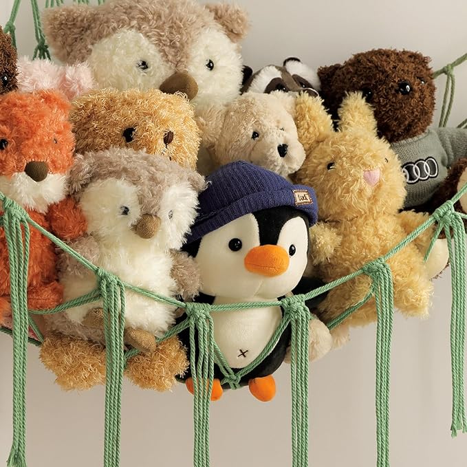 Stuffed Animal Hammock Corner Net for Toys Storage Hanging Stuff Animal Organizer Holder Matcha Green Room Bedroom Nursery Decor Organization