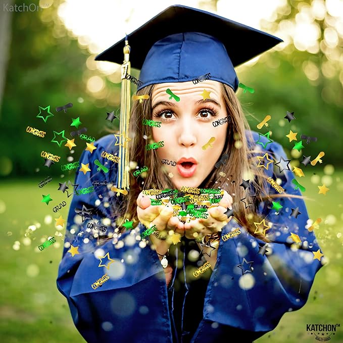 Katchon, Congrats Grad Confetti 2025 - Pack Of 1000 | Green And Gold Graduation Decorations 2025 | Graduation Confetti | Grad Table Decorations 2025