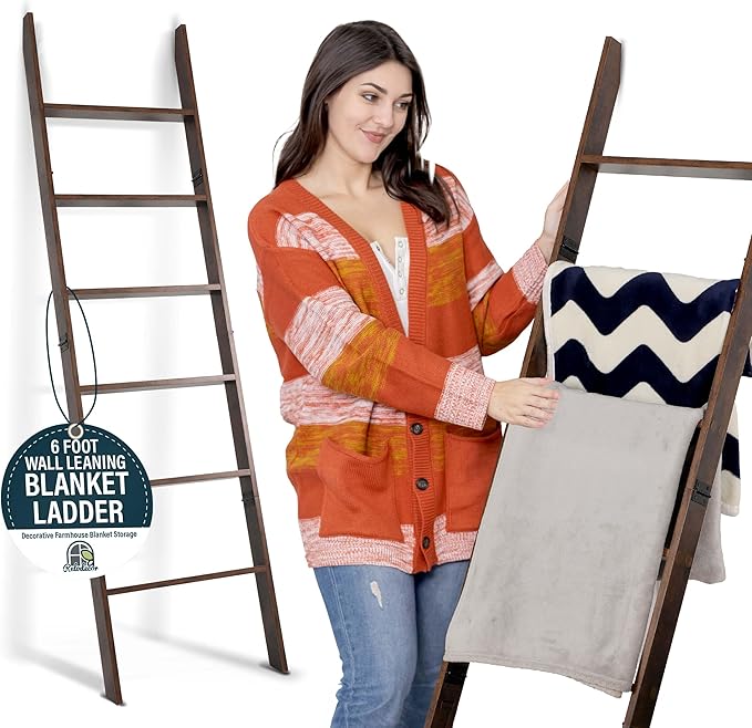 Blanket Ladder for Living Room and Bedroom, 5ft 8 inch, 6-Tier Wall Leaning Laminate Snag Free Construction (Rustic Hickory) Rustic Decorative Farmhouse Blanket Storage, Quilt Rack, Ladder Shelf
