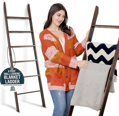 Blanket Ladder for Living Room and Bedroom, 5ft 8 inch, 6-Tier Wall Leaning Laminate Snag Free Construction (Rustic Hickory) Rustic Decorative Farmhouse Blanket Storage, Quilt Rack, Ladder Shelf