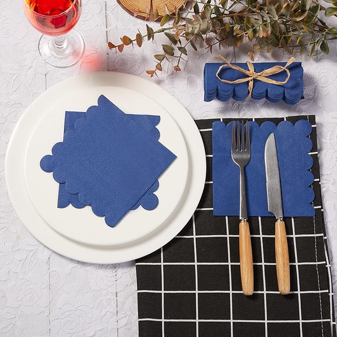 200 Pack Cocktail Napkin 2-Ply Scalloped Edged Dessert Napkins Folded 5 x 5 Inches Disposable Napkins for Dinner Wedding Birthday Party Bridal Anniversary Reception Event (Navy Blue)