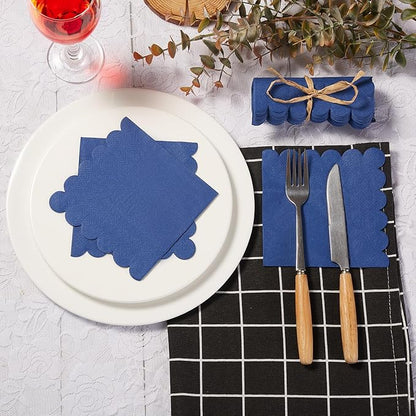 200 Pack Cocktail Napkin 2-Ply Scalloped Edged Dessert Napkins Folded 5 x 5 Inches Disposable Napkins for Dinner Wedding Birthday Party Bridal Anniversary Reception Event (Navy Blue)