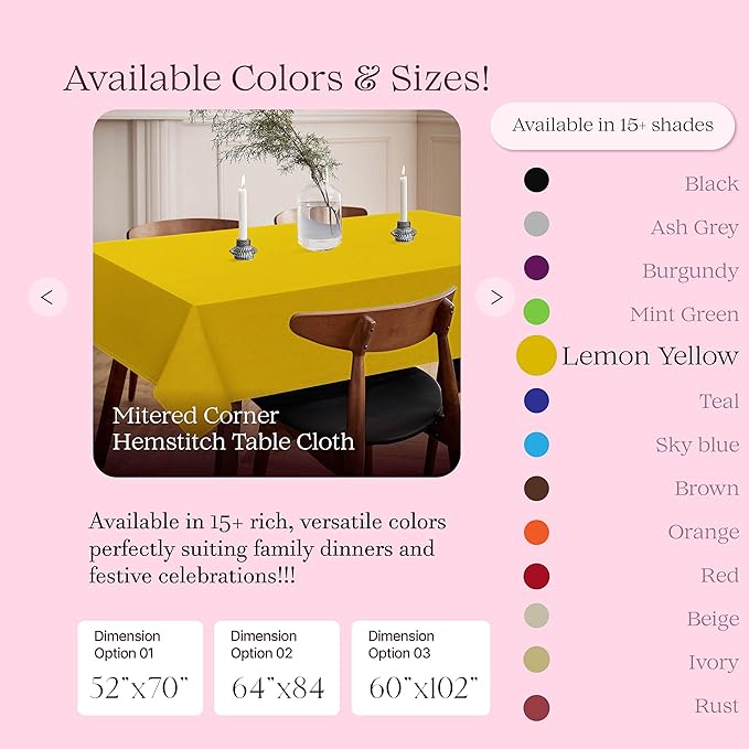 Lemon Yellow Rectangle Table Cloth, 60x86 Inch, 100% Cotton, Fits 6-8 Seats, Washable, Wrinkle Resistant, Durable, Dining Table Cover for Birthdays, Baby Showers, Spring Celebrations