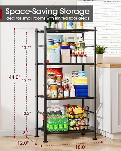 Storage Shelves - 4 Tier Shelf Organizer, Sturdy Metal Garage Shelving with Adjustable Leveling Feet, Space-Saving Shelves Organizer for Pantry, Laundry, Kitchen (18" x 12" x 44", Black)