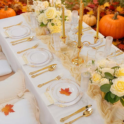 Ciaell 300PCS White and Gold Plastic Plates - Gold Disposable Dinnerware Sets for 50 Guests - 100 Plates, 50 Knives, 50 Forks, 50 Spoons, and 50 Napkins for Wedding, Anniversary, Party & Thanksgiving