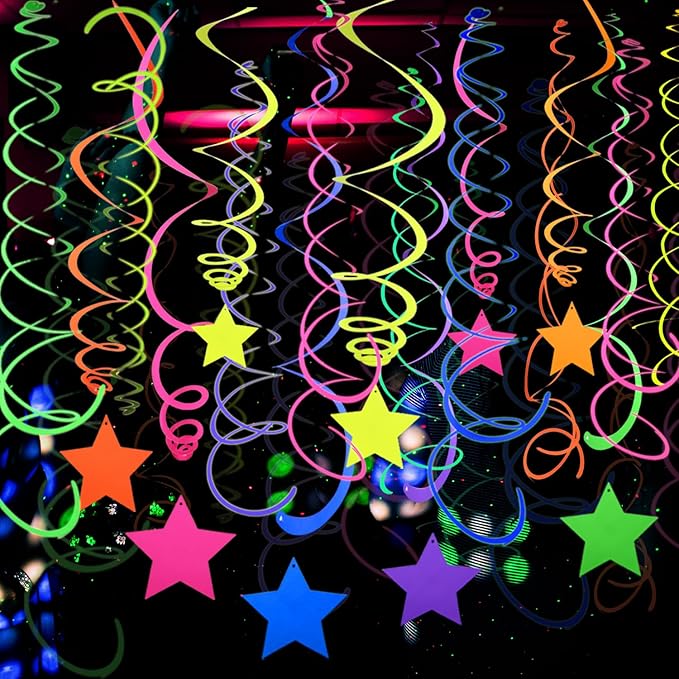 56 Pieces UV Hanging Swirls Decorations Paper Neon Streamer for Ceiling Star Neon Garlands Black Light Neon Decorations for Dark Glow Party Supplies and Decorations Birthday Neon Party Favors