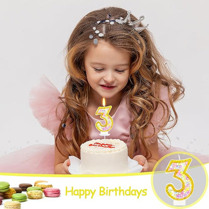 3rd Birthday Candle for Cake, Colorful Macaron Numeral Candles for Girls/Boys, Birthday Party Cake Decorations, Golden Cake Topper for Birthday Party Supplies (Number 3)
