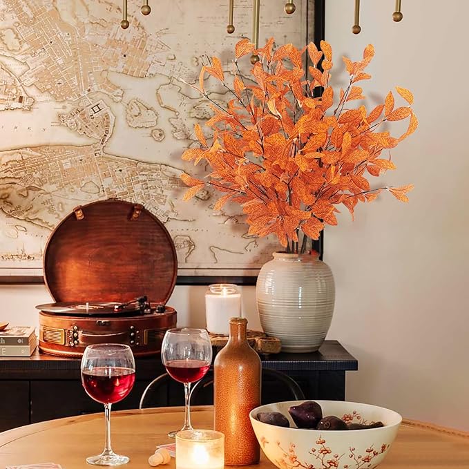 Uieke 6 Pcs Artificial Fall Eucalyptus Stems Fall Eucalyptus Leaves Plants Fall Decorations with Fall Leaves for Autumn Office Home Wedding Centerpiece Fall Florals Arrangement Decor (Orange)