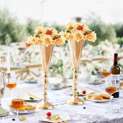 VEVOR 10PCS 43cm/16.9” Tall Wedding Flower Vase, Metal Wedding Trumpet Centerpiece, Gold Floral Stand Display Rack for Tables Wedding Dinner Party, Anniversary Ceremony Birthday Event Decor