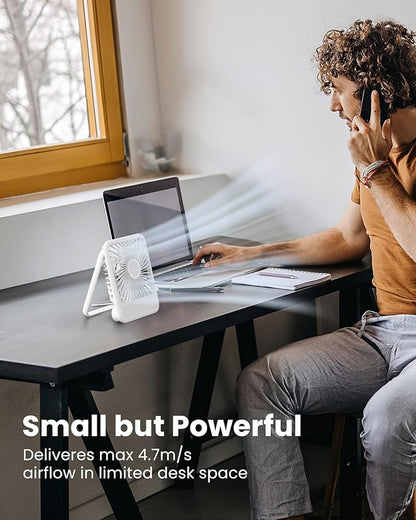 Koonie USB Desk Fan, Strong Wind Ultra Quiet Small Personal Fan with 180° Tilt Folding and 3 Speeds Adjustable, USB-C Corded Powered Mini USB Fan for Office Desktop Bedroom White, NO BATTERY