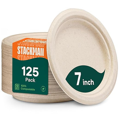 Paper Plates, 100% Compostable Heavy Duty, Disposable 7 Inch, Small Dessert Plate - [125-Pack] - {PFAS-Free} - {BPI Certified} Eco-Friendly, Biodegradable Bagasse Natural Brown 7" Small Plates