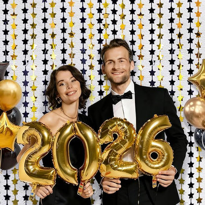 LOLStar Black and Gold Star Birthday Party Decorations 2Pack 3.3X6.6 ft Golden Photo Booth Props Backdrop Streamers Star Foil Fringe Curtains for New Year 2026 Decor Men Black Yellow Party Supplies