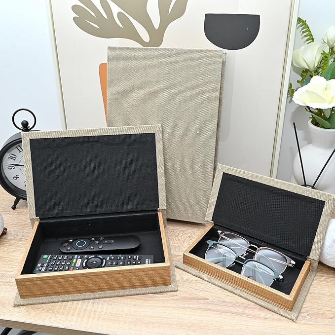 Modern Linen and Wood Decorative Faux Book Boxes Set of 3-13",10",8" - Linen