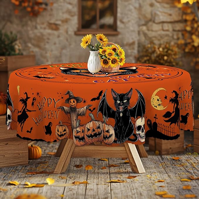 Eikione Round Tablecloth 60inch, Halloween Tablecloth Cat Waterproof and Wrinkle-Free, Table Covers, Summer Decorations for Home Dining