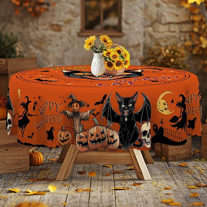 Eikione Round Tablecloth 60inch, Halloween Tablecloth Cat Waterproof and Wrinkle-Free, Table Covers, Summer Decorations for Home Dining