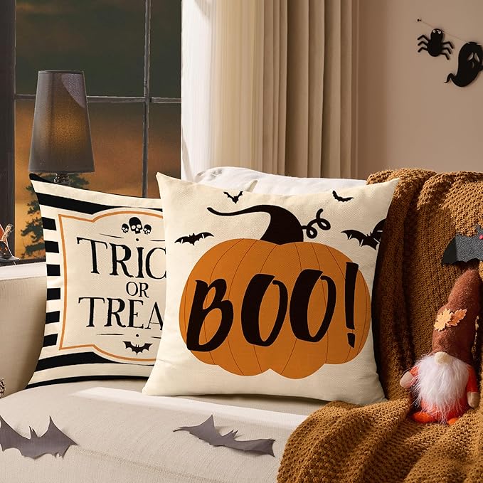 Halloween Decor Pillow Covers 18x18 Inch,Set of 4 Halloween Decoration Indoor Outdoor Throw Pillow Covers, Trick or Treat Black Striped Linen Cushion Case for Home Sofa Couch Bedroom Chair