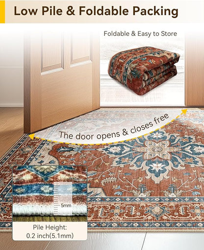 Area Rugs 6'x9' Washable Non-Slip, Floral Vintage Distress Print Pattern Medallion Carpet for Living Room Bedroom Dining Room, Red Orange Blue Brown