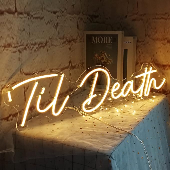 SYLHOME Large LED Neon Light Sign 'Til Death 24"X5.9" 12V Wedding Bridal Shower Neon Birthday Party Art Wall Decor Signs Bar Bedroom Living Room Decor Sign Love (With Adapter) Warm White