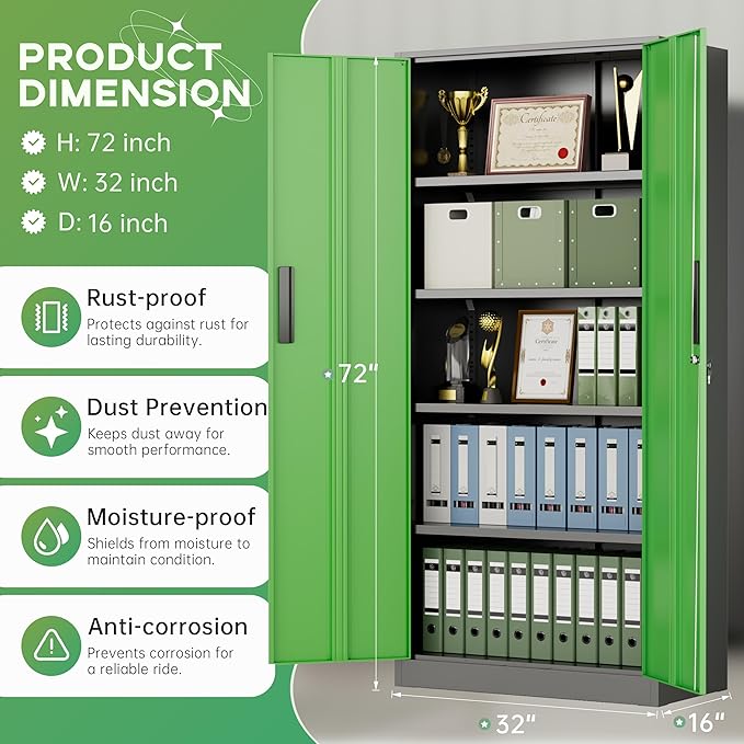 INTERGREAT Metal Storage Cabinet,72" Steel Lockable File Cabinet with Locking Doors and Adjustable Shelves,Locking Tool Cabinets for Office,Home,Garage,Gym,School (Black Green)