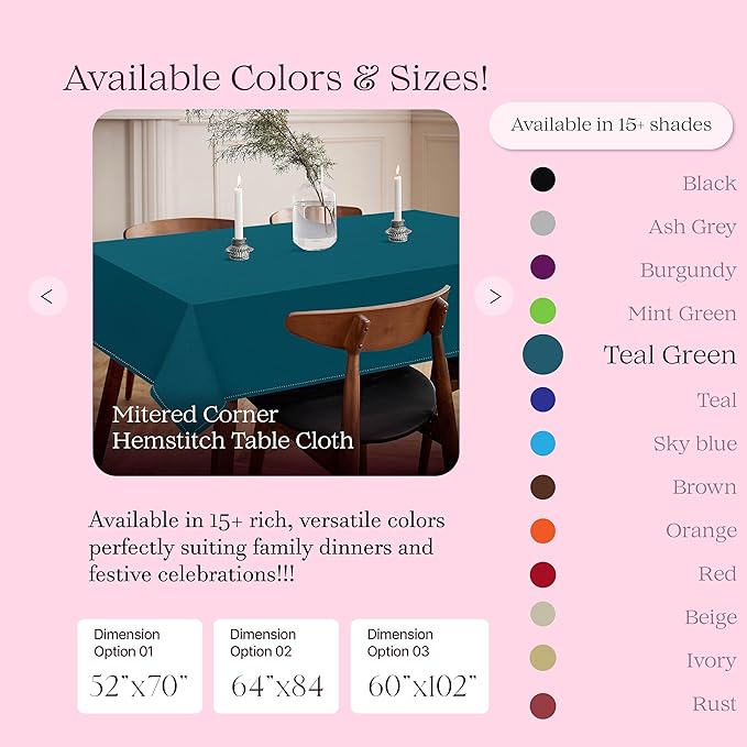 Teal Green Rectangle Tablecloth, 60x102 Inch, 100% Cotton, Fits 8-10 Seats, Durable, Washable, Wrinkle Resistant, Dining Table Cloth for Weddings, Birthdays, Holiday Meals, Dinner