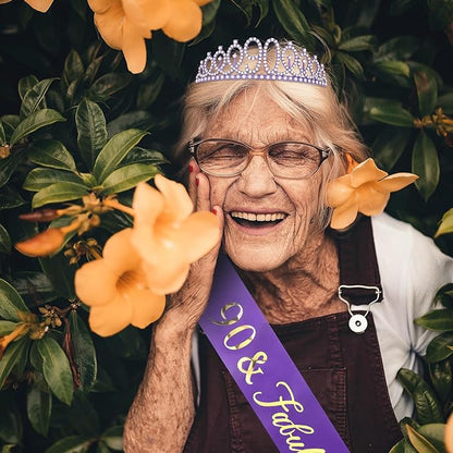 CIEHER 90th Birthday Crown + 90 & Fabulous Birthday Sash, Purple 90th Birthday Decorations for Women, 90th Birthday Gifts for Women, Happy 90th Birthday Cake Topper Purple