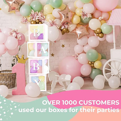 Baby Shower Boxes with Letters – White Boxes with Pastel Pink, Blue, Yellow, and Green Balloons – 44-Piece Gender Reveal & Party Decoration Set by Vellax